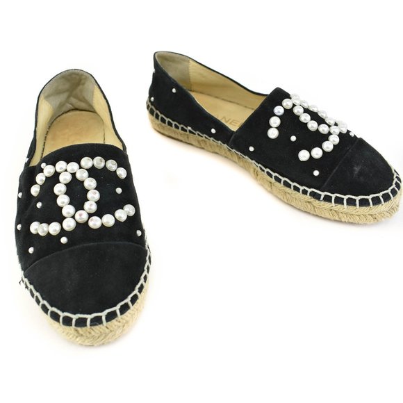 CHANEL Shoes - CHANEL: Black, Suede Leather & "Pearl CC" Logo Espadrille Flats